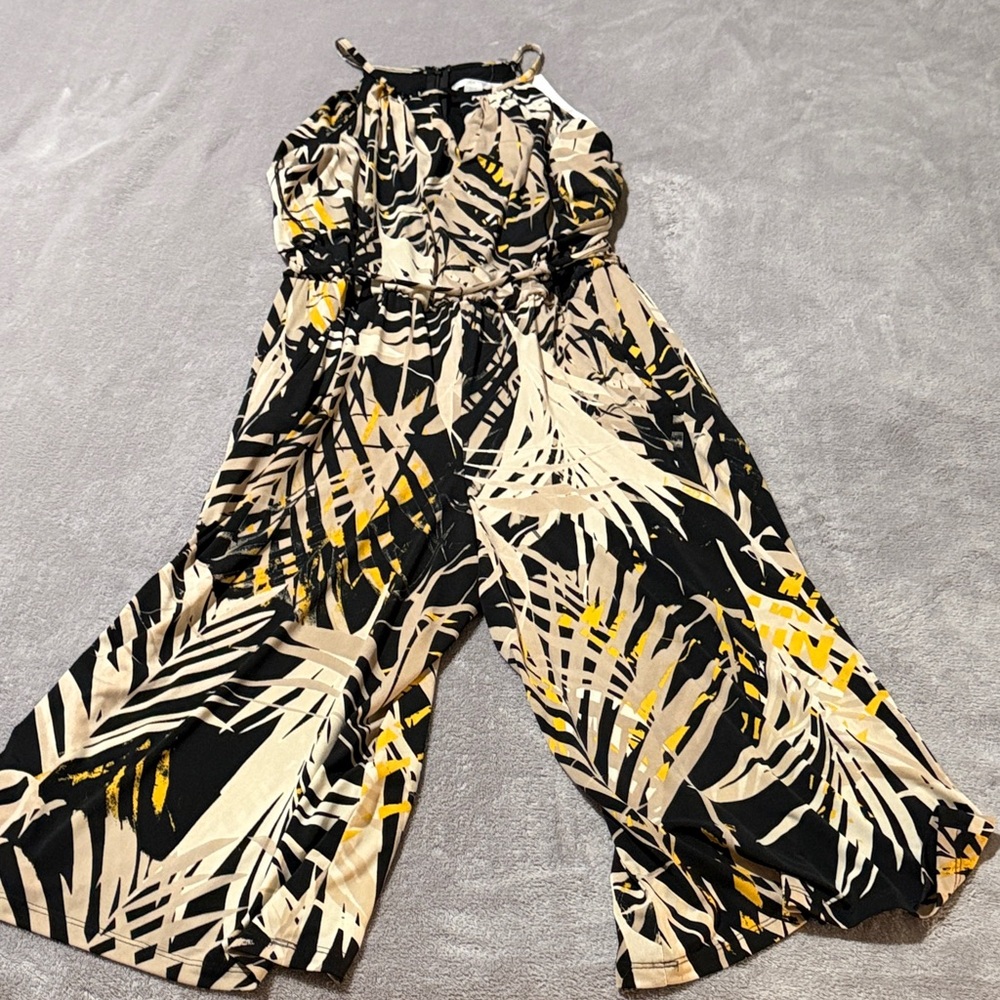 London Times Black Tan Abstract Print Halter Neck Wide Leg Jumpsuit NWT Size 10 - Picture 5 of 7